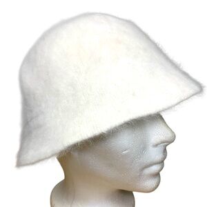 White Cream Angora Bucket Hat Soft Fuzzy Minimalist